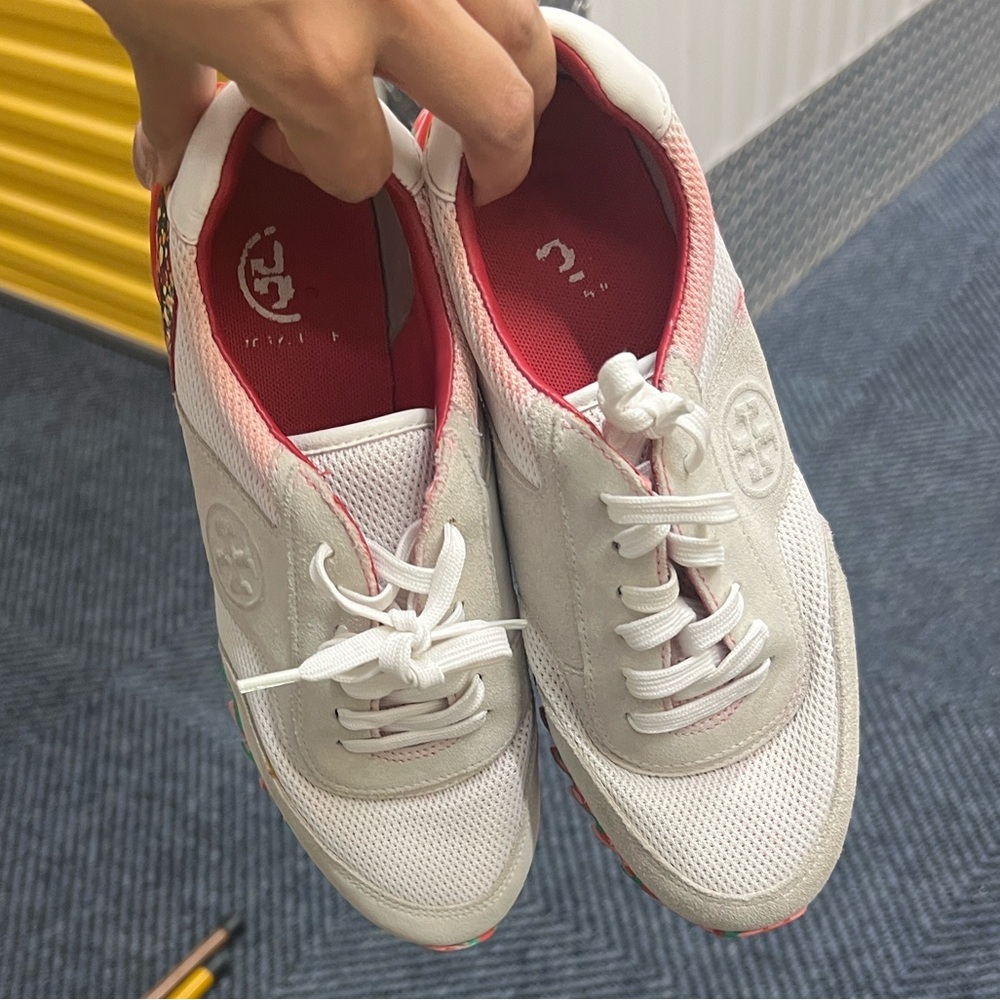 Tory Burch White and Pink Mesh Sneakers